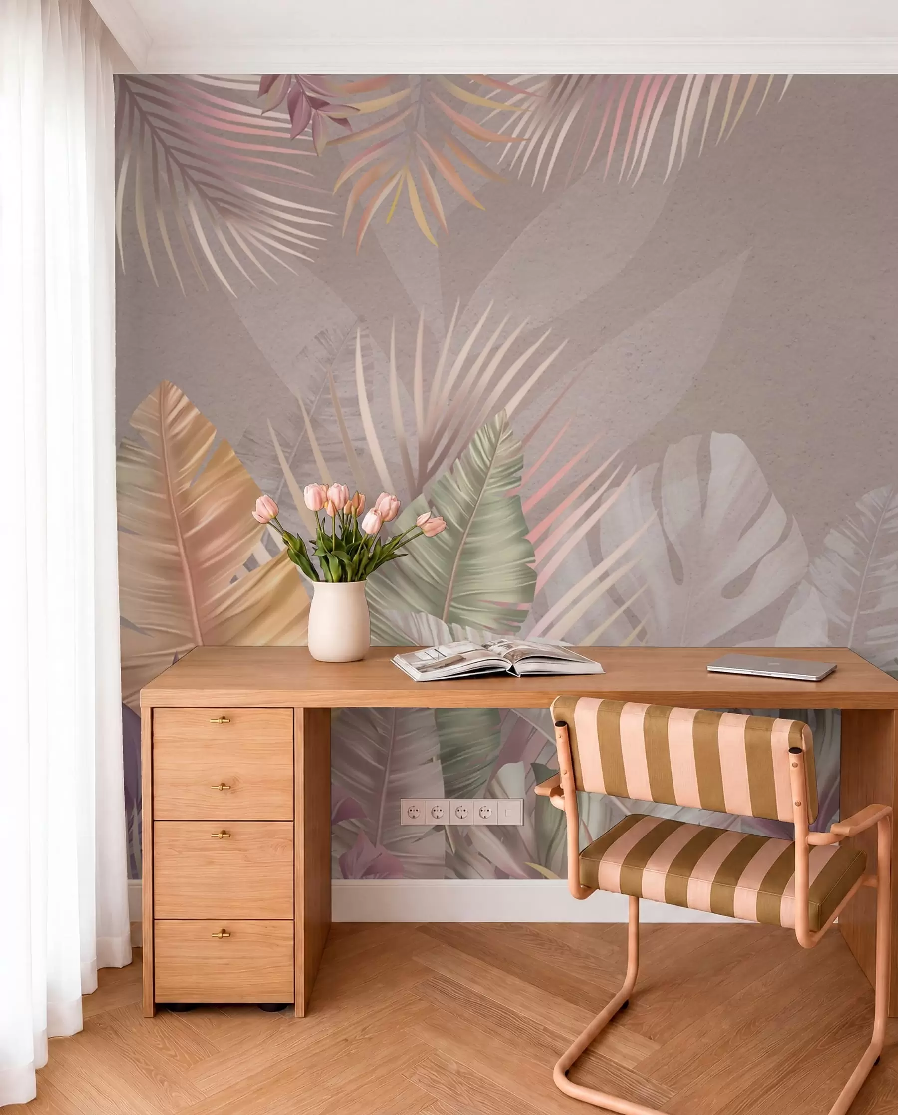murais de parede Folhas tropicais em tons pastel suaves w01684