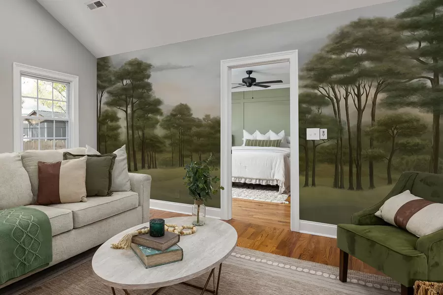 murais de parede Paisagem florestal serena em tons suaves w02193