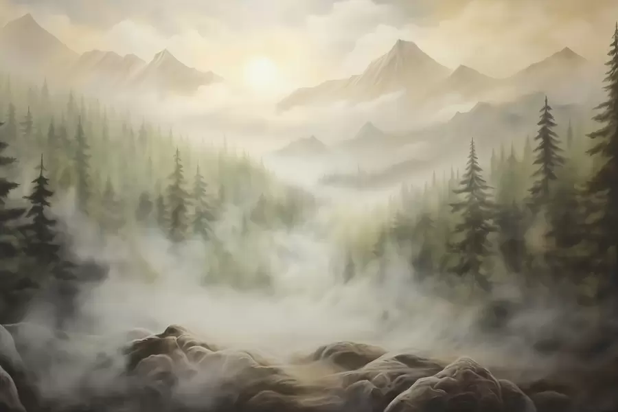 murais de parede Floresta no nevoeiro com as montanhas ao fundo w04730