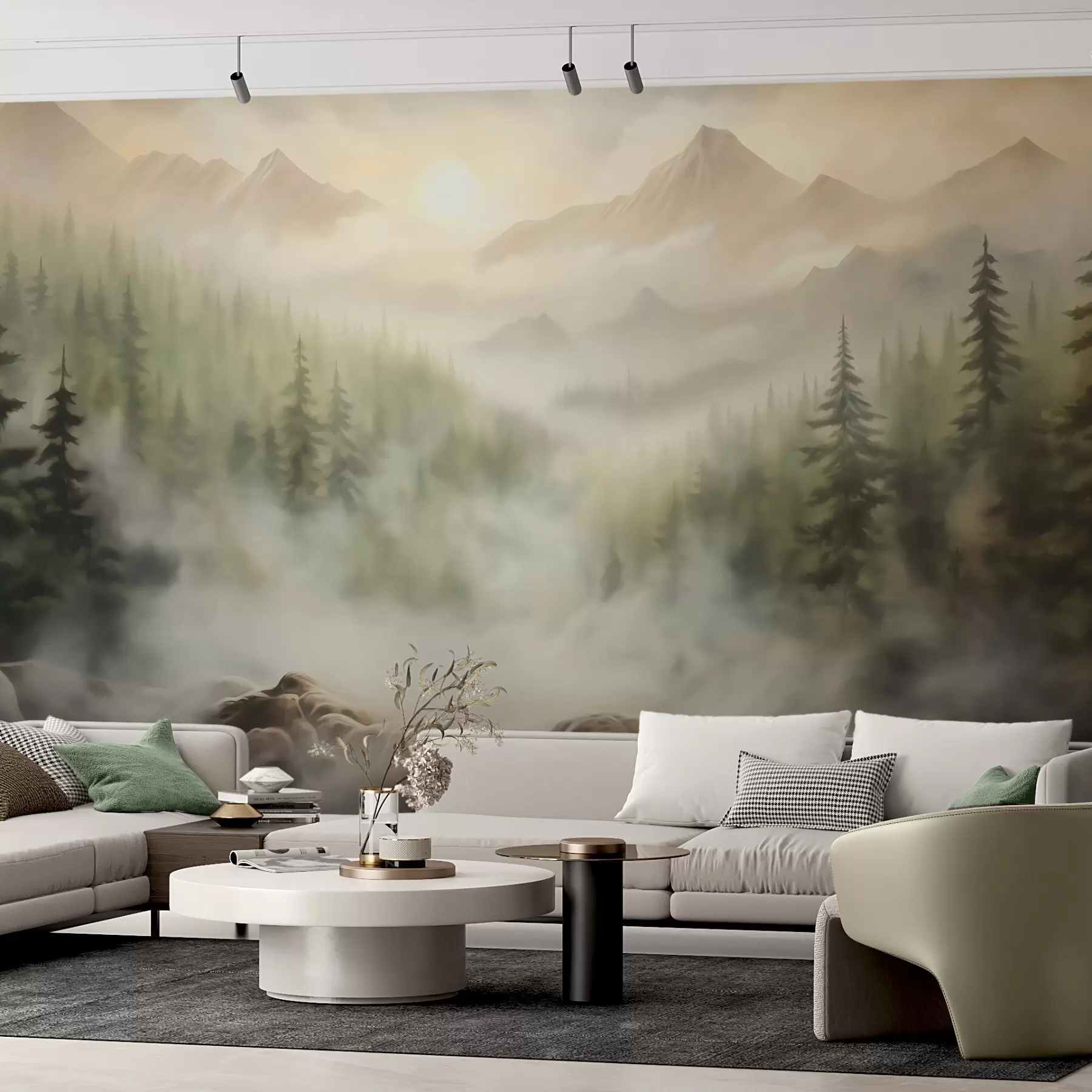 murais de parede Floresta no nevoeiro com as montanhas ao fundo w04730