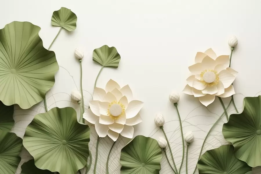 murais de parede Flores de lótus em 3D com folhas verdes texturizadas, estilo minimalista w09560