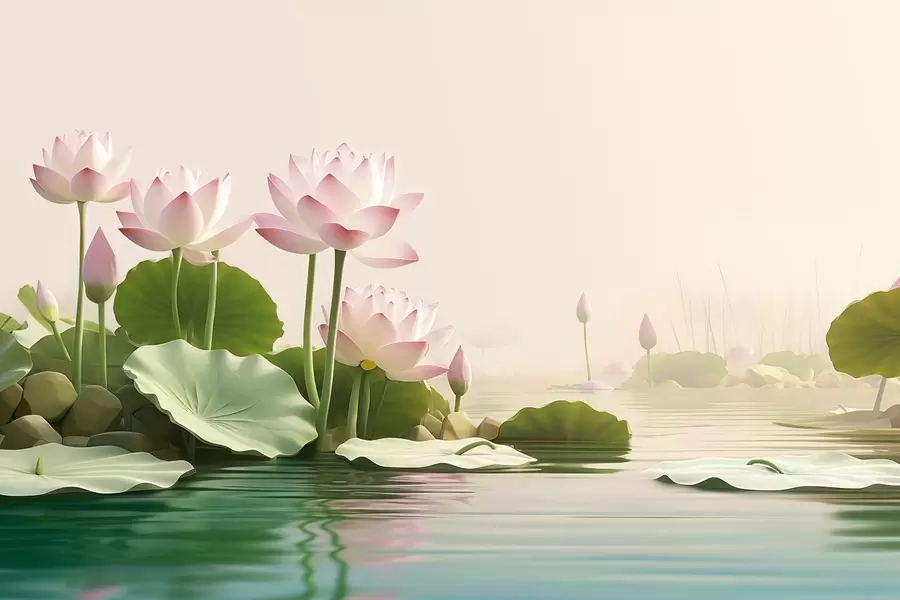 murais de parede Flores de lótus cor-de-rosa na água, uma paisagem tropical tranquila w09561