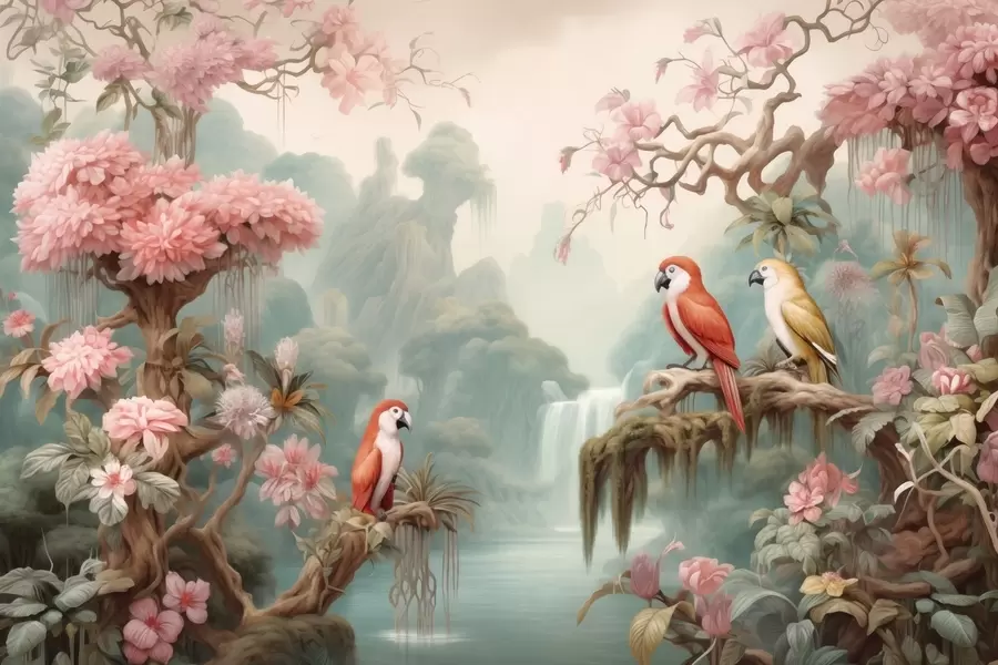 murais de parede Uma floresta tropical de conto de fadas com papagaios, árvores floridas com flores cor-de-rosa e uma cascata w09580