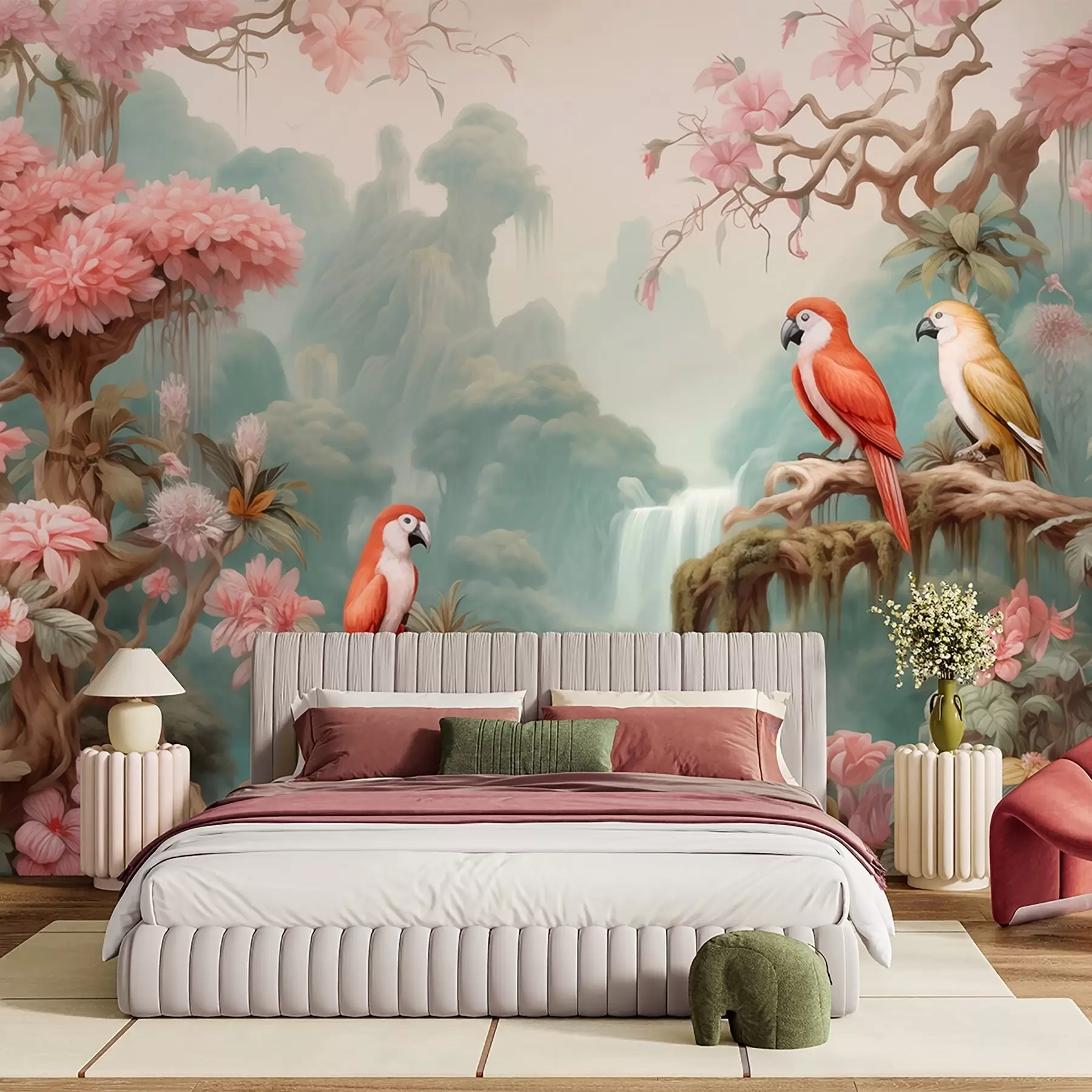 murais de parede Uma floresta tropical de conto de fadas com papagaios, árvores floridas com flores cor-de-rosa e uma cascata w09580