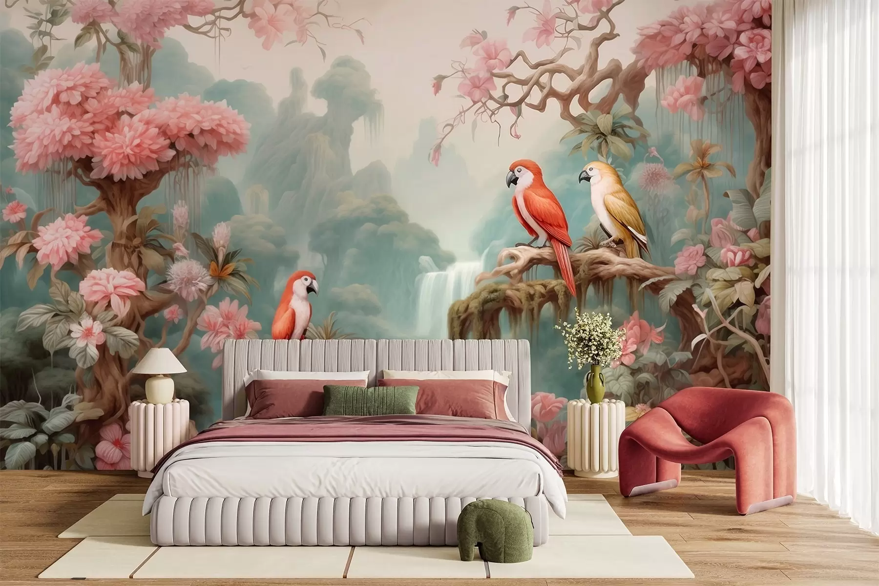 murais de parede Uma floresta tropical de conto de fadas com papagaios, árvores floridas com flores cor-de-rosa e uma cascata w09580
