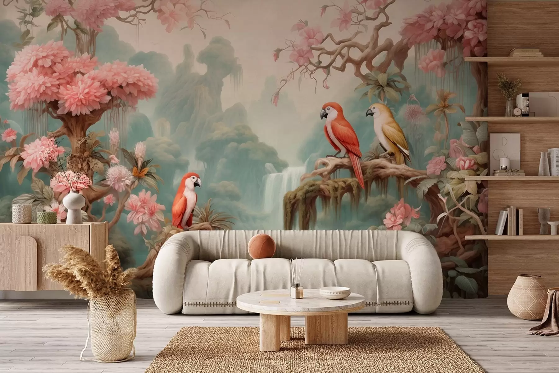 murais de parede Uma floresta tropical de conto de fadas com papagaios, árvores floridas com flores cor-de-rosa e uma cascata w09580
