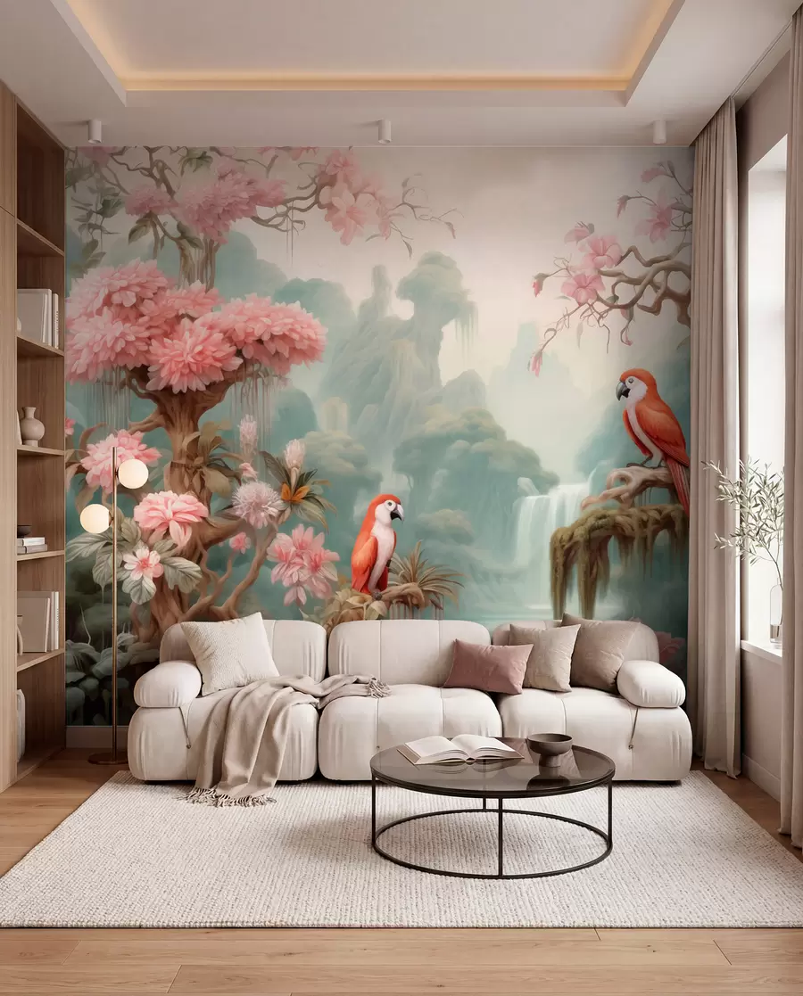 murais de parede Uma floresta tropical de conto de fadas com papagaios, árvores floridas com flores cor-de-rosa e uma cascata w09580
