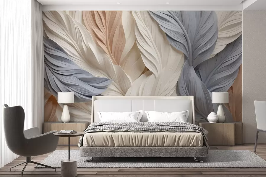 murais de parede Penas abstratas e em camadas em tons de creme, bege e azul claro, com uma aparência texturizada e orgânica. w09603