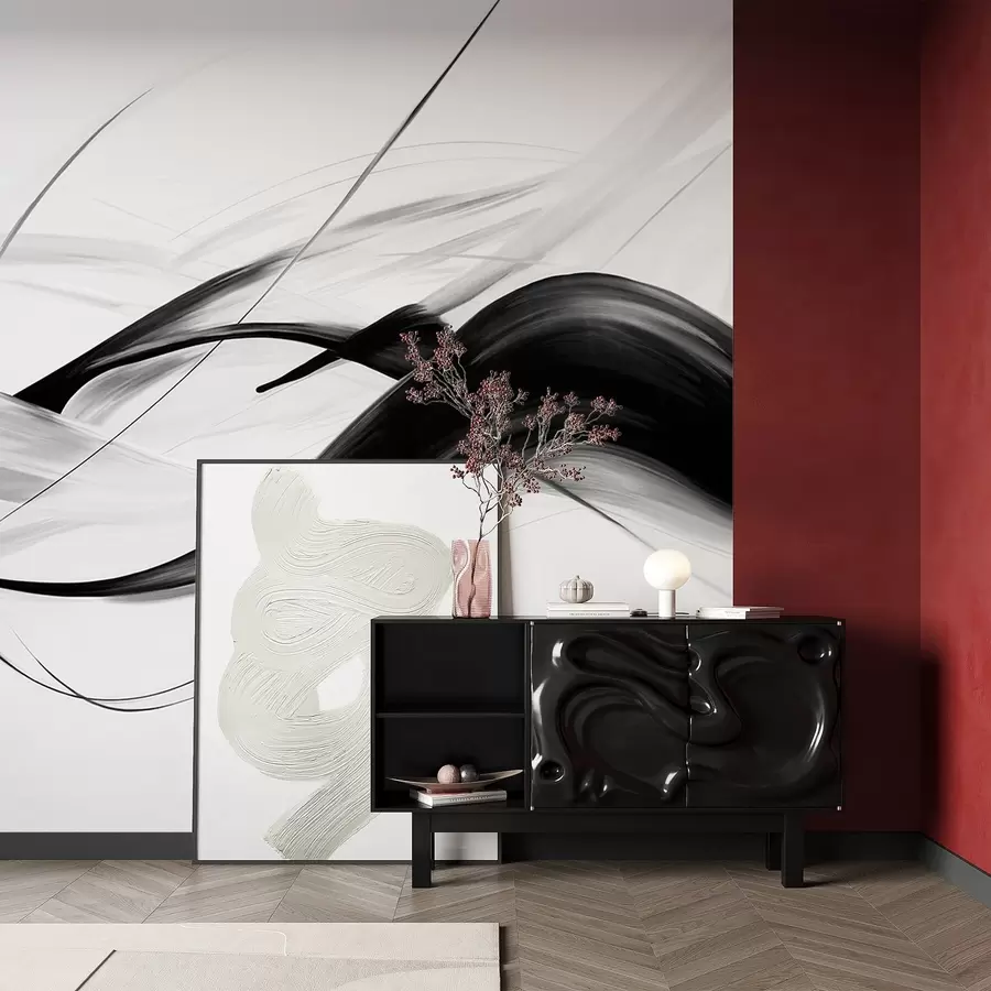 murais de parede Pinceladas abstratas a preto e branco com linhas finas criando um design moderno contra um fundo claro w09605