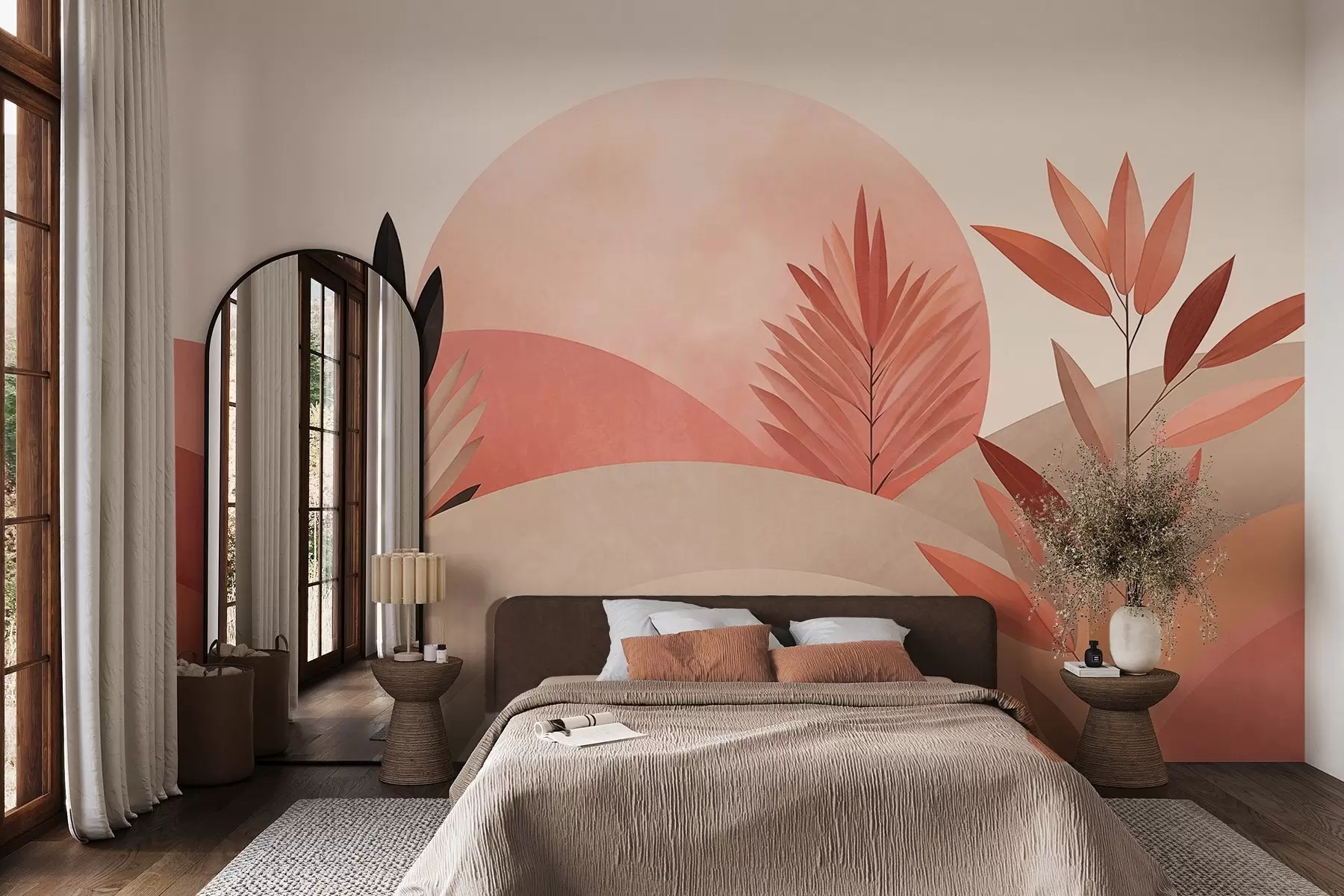 murais de parede Paisagem boho abstrata, sol por trás de colinas ondulantes, plantas em primeiro plano, minimalista, texturizada, cores suaves w09608