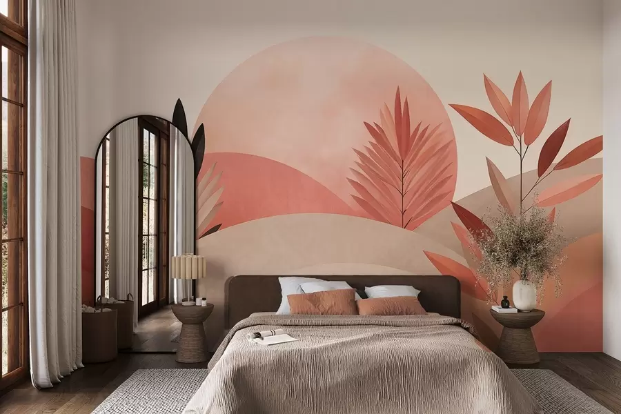 murais de parede Paisagem boho abstrata, sol por trás de colinas ondulantes, plantas em primeiro plano, minimalista, texturizada, cores suaves w09608