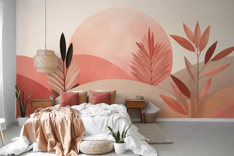 murais de parede Paisagem boho abstrata, sol por trás de colinas ondulantes, plantas em primeiro plano, minimalista, texturizada, cores suaves w09608