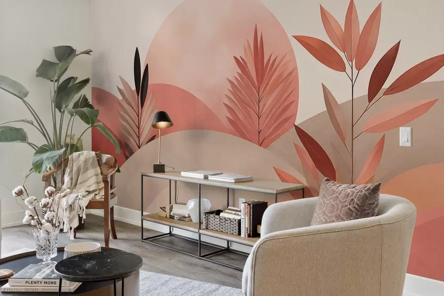 murais de parede Paisagem boho abstrata, sol por trás de colinas ondulantes, plantas em primeiro plano, minimalista, texturizada, cores suaves w09608