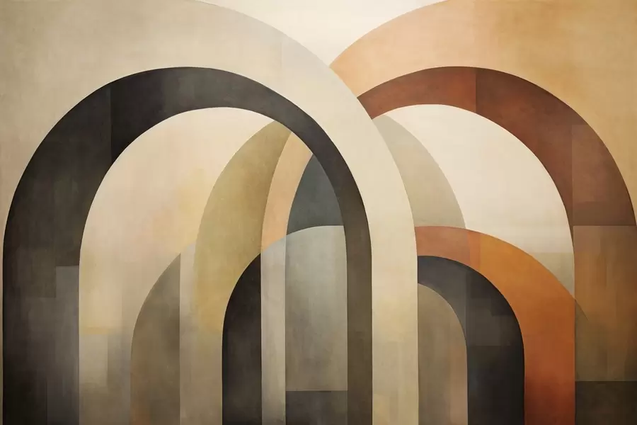 murais de parede Arcos geométricos abstratos texturizados em tons terrosos de bege, castanho e cinza, um design arquitetónico moderno em camadas w09611