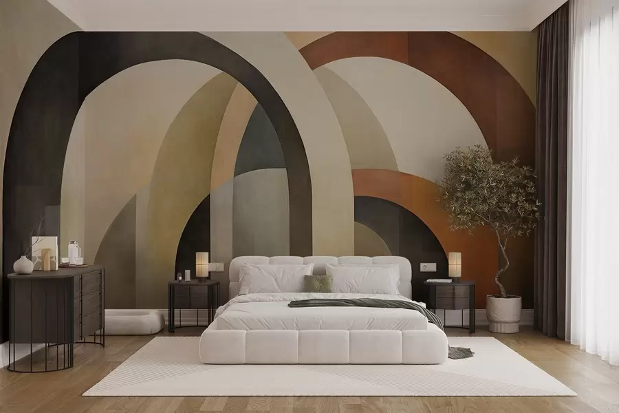 murais de parede Arcos geométricos abstratos texturizados em tons terrosos de bege, castanho e cinza, um design arquitetónico moderno em camadas w09611