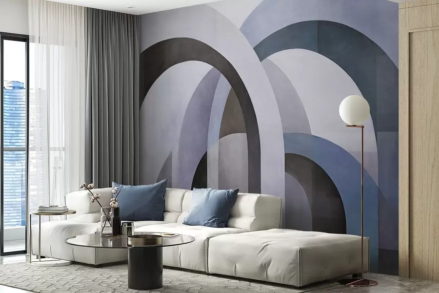 murais de parede Arcos geométricos abstratos texturizados em tons de azul, preto e cinza, um design arquitetónico moderno em camadas w09611v1