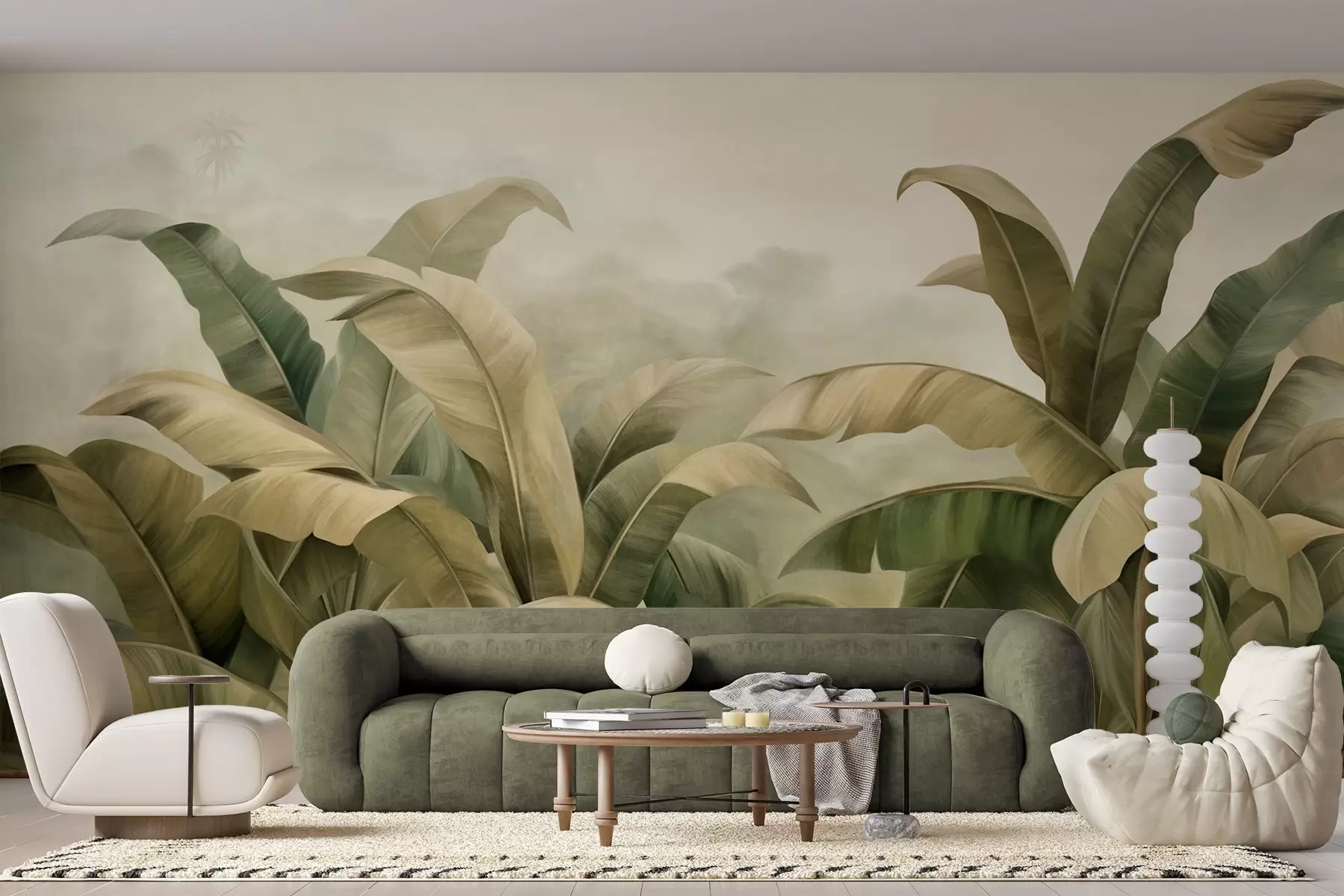 murais de parede Paisagem de selva densa e texturizada com grandes folhas de bananeira em tons suaves de verde e bege w09613