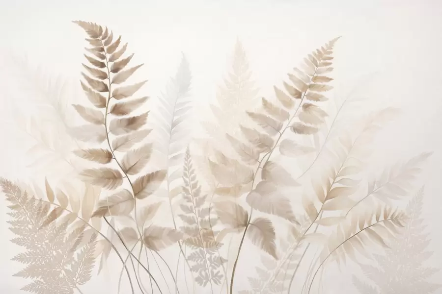 murais de parede Folhas secas de samambaia texturizadas em vários tons de castanho, com um fundo suave e claro em estilo aquarela. w09615