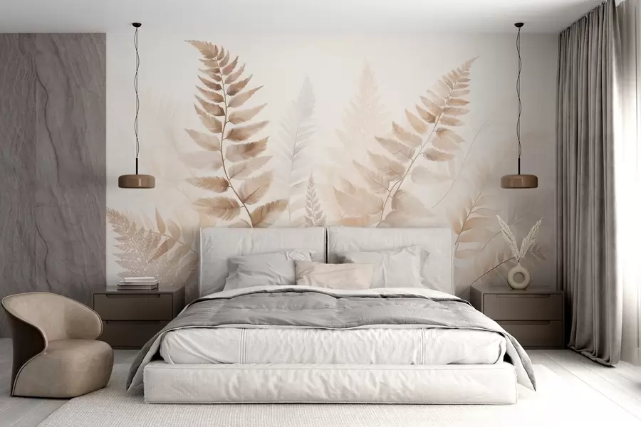 murais de parede Folhas secas de samambaia texturizadas em vários tons de castanho, com um fundo suave e claro em estilo aquarela. w09615