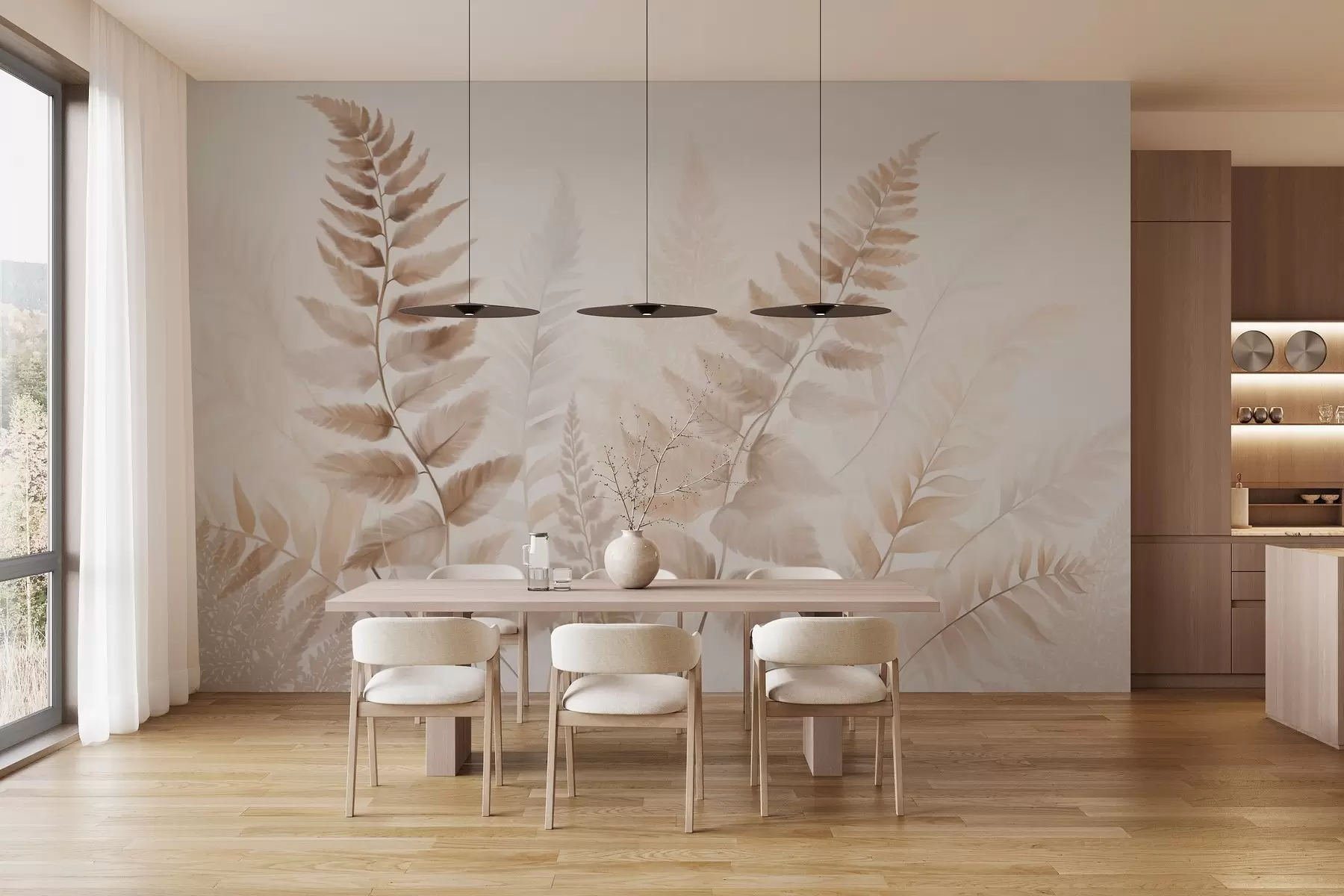 murais de parede Folhas secas de samambaia texturizadas em vários tons de castanho, com um fundo suave e claro em estilo aquarela. w09615