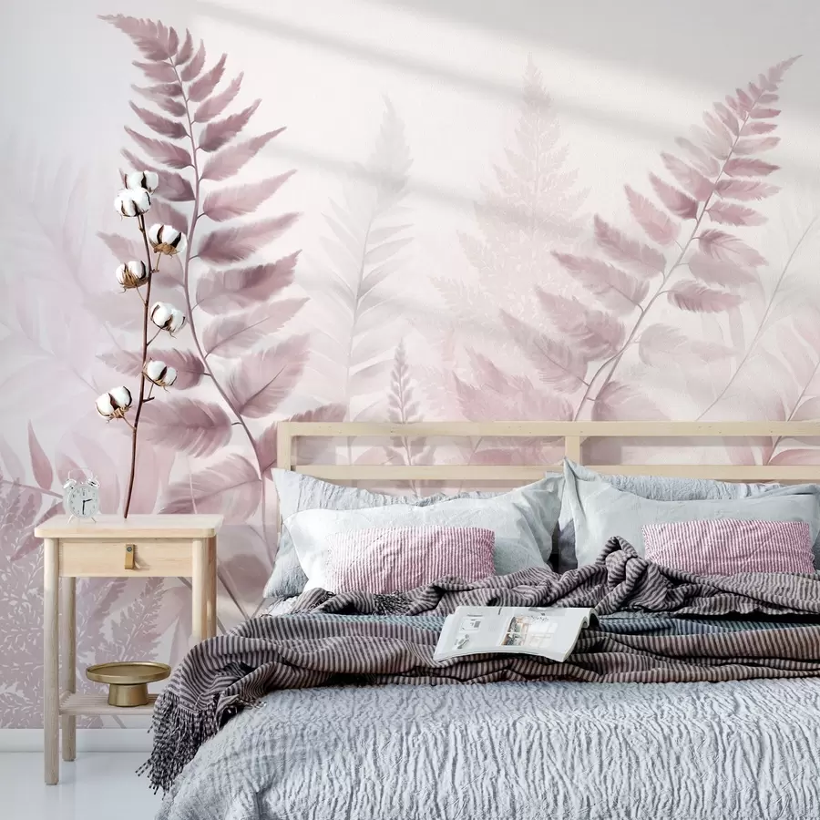murais de parede Folhas secas de samambaia texturizadas em vários tons de rosa, com um fundo suave e claro em estilo aquarela. w09615v2