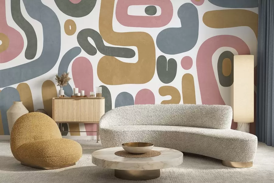 murais de parede Formas abstratas texturizadas em rosa pastel, azul suave, amarelo mostarda e cinza sobre fundo branco arte moderna w09620