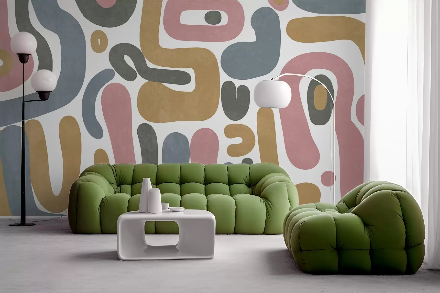 murais de parede Formas abstratas texturizadas em rosa pastel, azul suave, amarelo mostarda e cinza sobre fundo branco arte moderna w09620