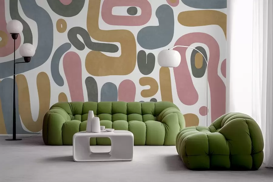 murais de parede Formas abstratas texturizadas em rosa pastel, azul suave, amarelo mostarda e cinza sobre fundo branco arte moderna w09620