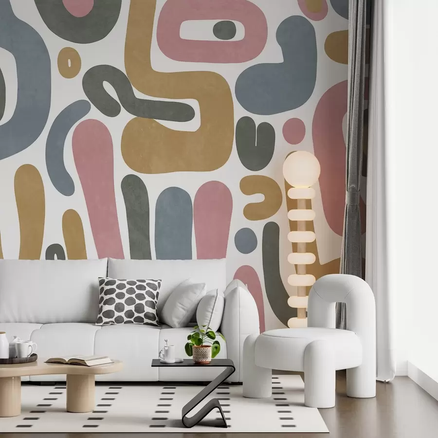 murais de parede Formas abstratas texturizadas em rosa pastel, azul suave, amarelo mostarda e cinza sobre fundo branco arte moderna w09620