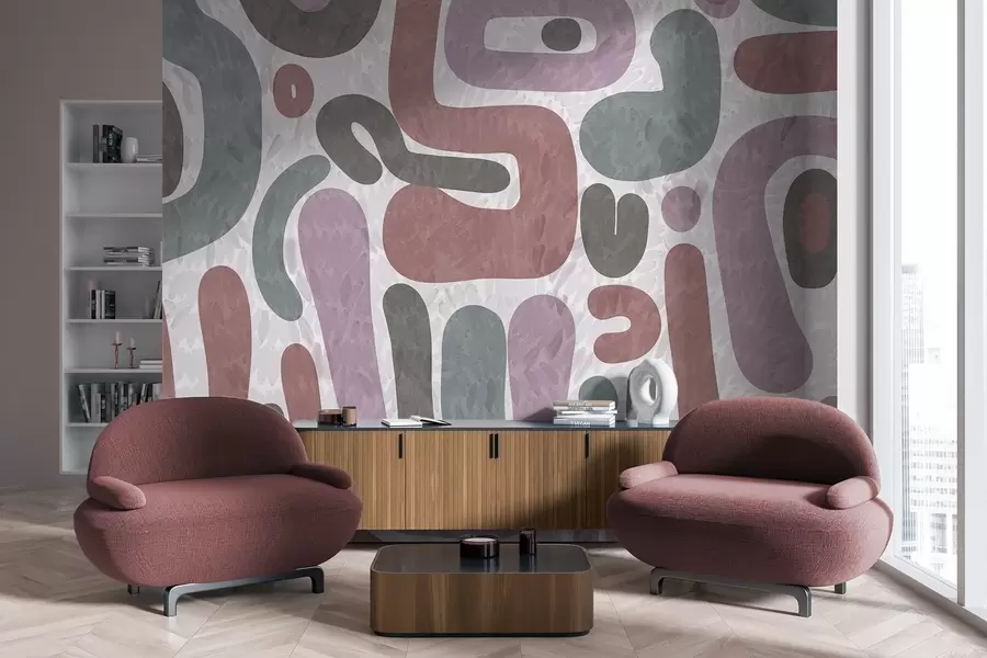 murais de parede Formas abstratas texturizadas em tons suaves de rosa, verde e cinza, sobre um fundo texturizado arte moderna w09622