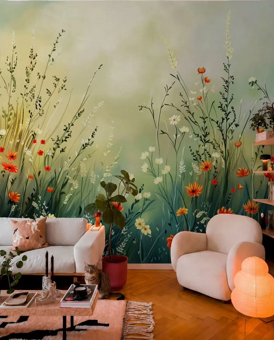 murais de parede Flores e ervas do campo num estilo pictórico suave w05015