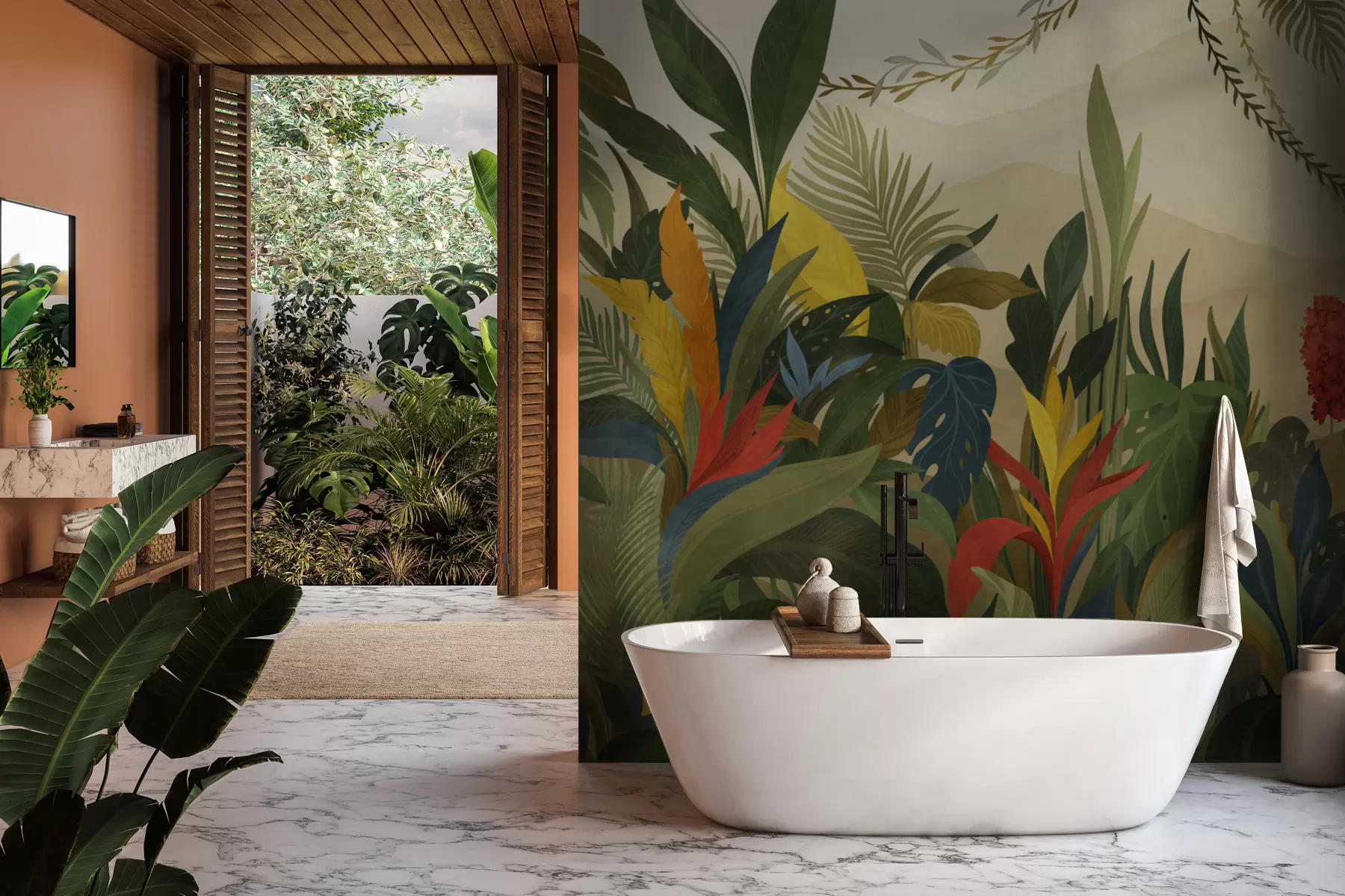 murais de parede Folhagem tropical com folhas grandes e flores w05019