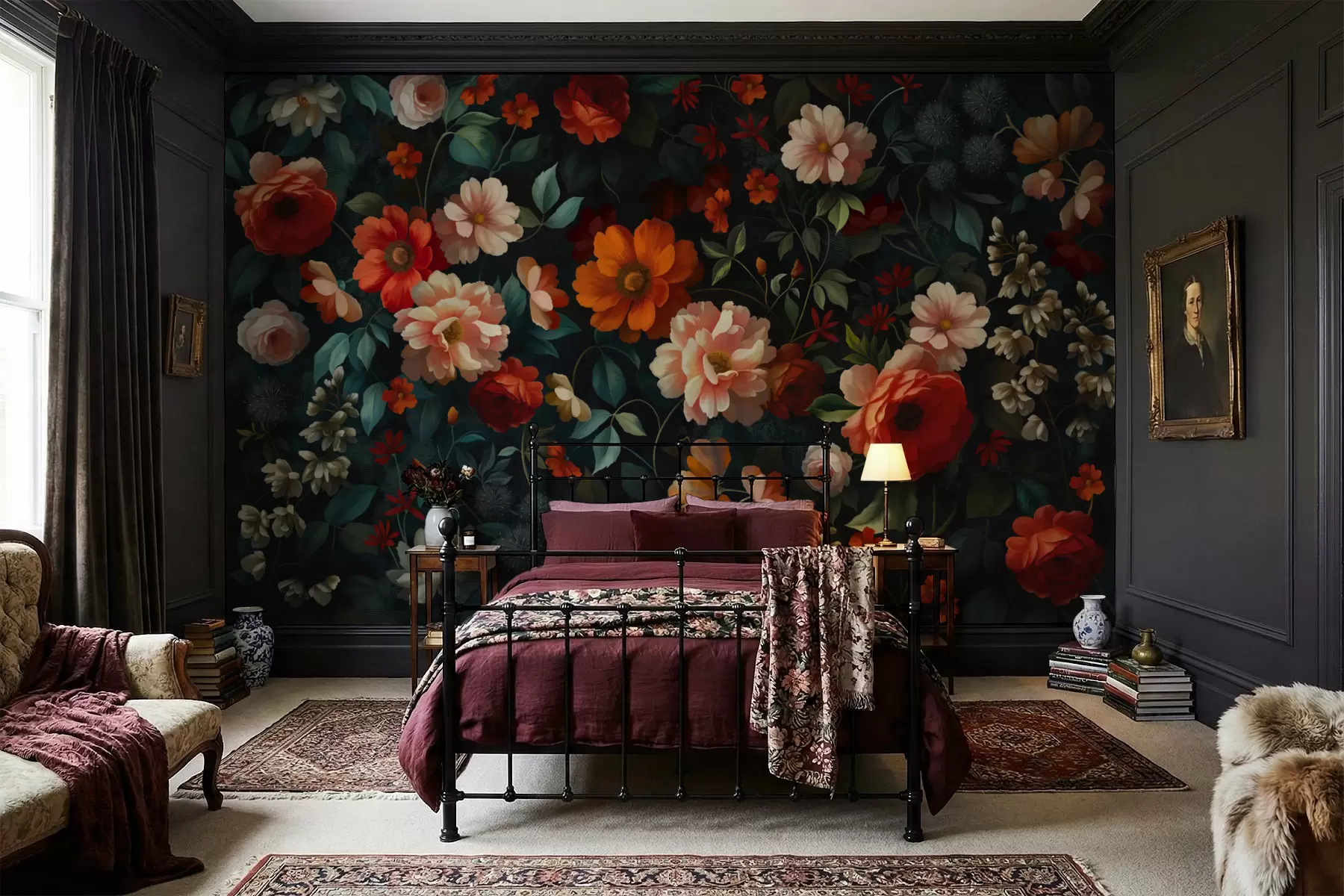 murais de parede Padrão floral escuro com flores exuberantes de jardim w05087