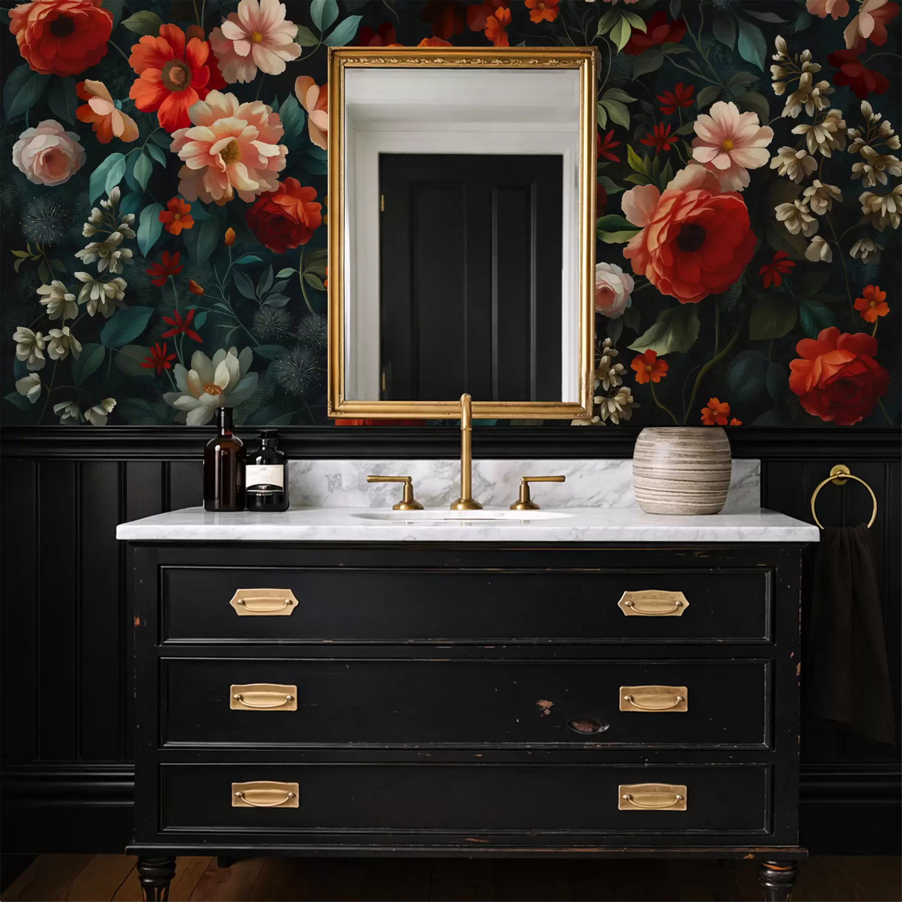 murais de parede Padrão floral escuro com flores exuberantes de jardim w05087