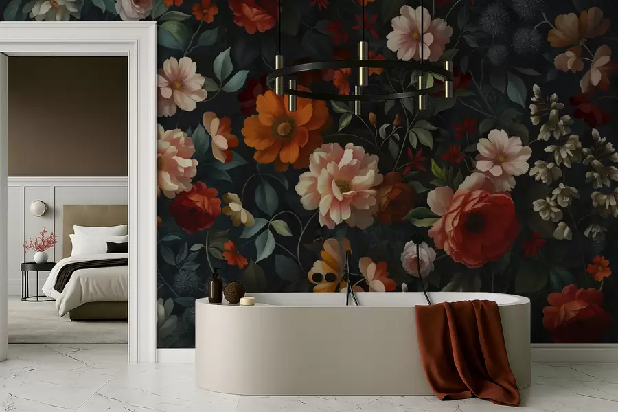 murais de parede Padrão floral escuro com flores exuberantes de jardim w05087