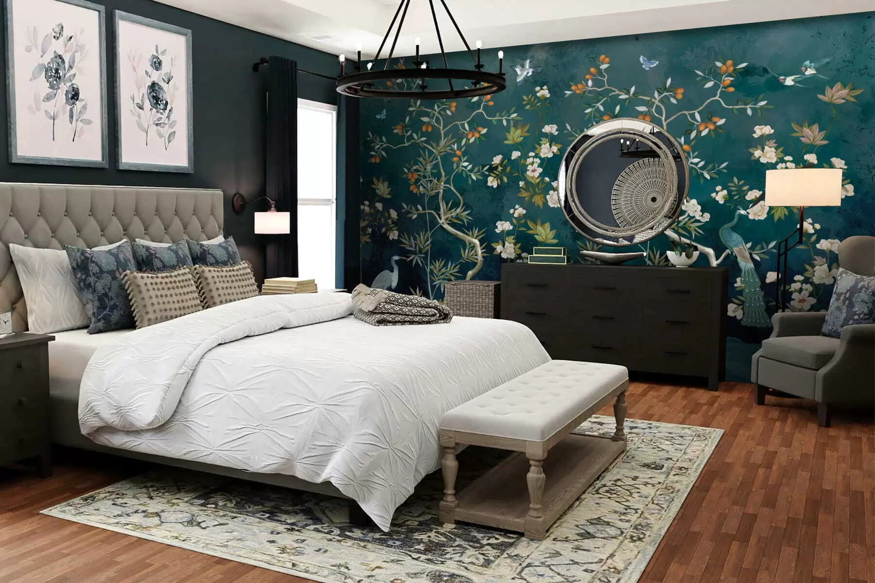 murais de parede Cena decorativa com árvores, flores e pássaros sobre fundo escuro w05004