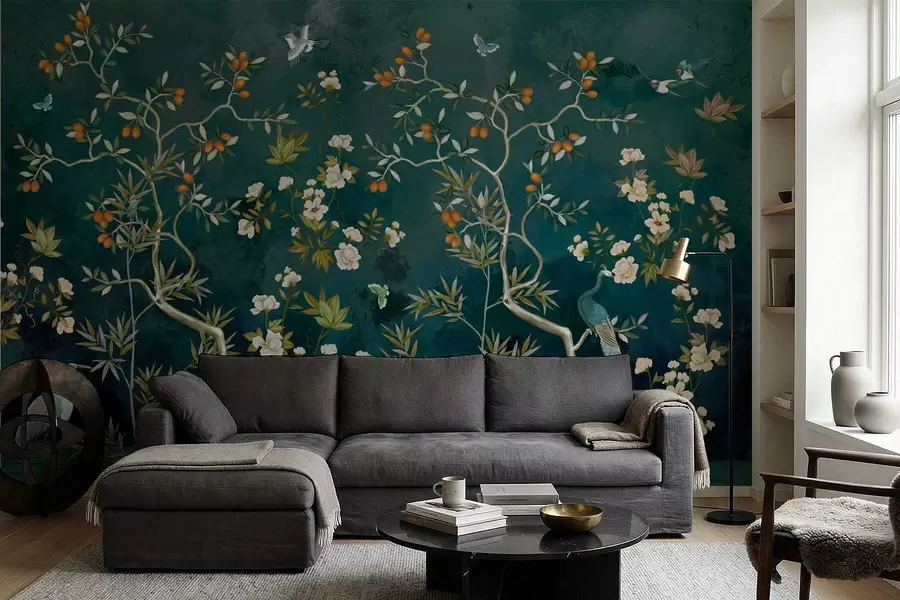 murais de parede Cena decorativa com árvores, flores e pássaros sobre fundo escuro w05004