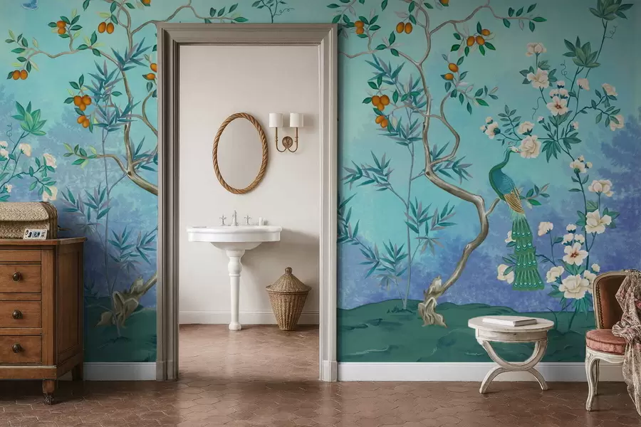 murais de parede Cena com árvores, flores e pássaros, fundo azul w05004v2