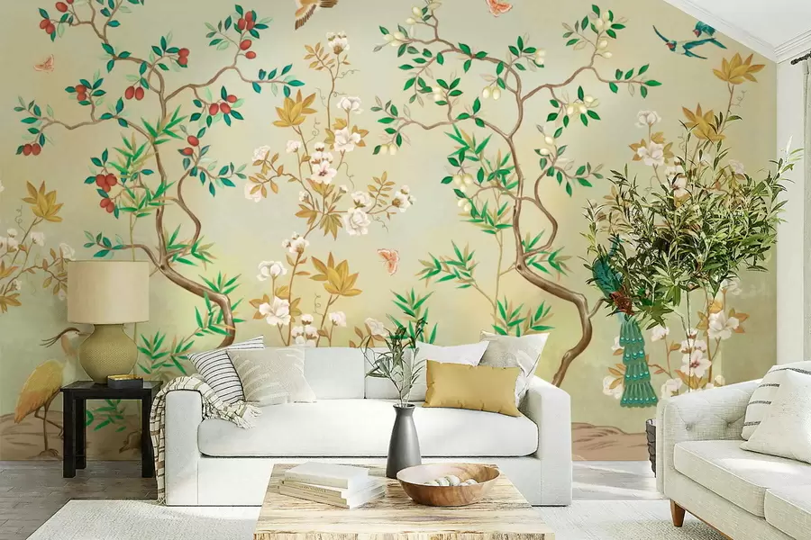 murais de parede Cena com árvores, flores e pássaros, fundo claro w05004v1