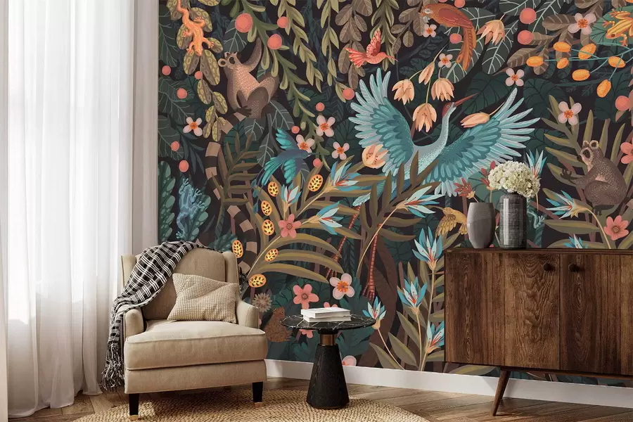 murais de parede Cena fantástica com pássaros e animais entre plantas w05024