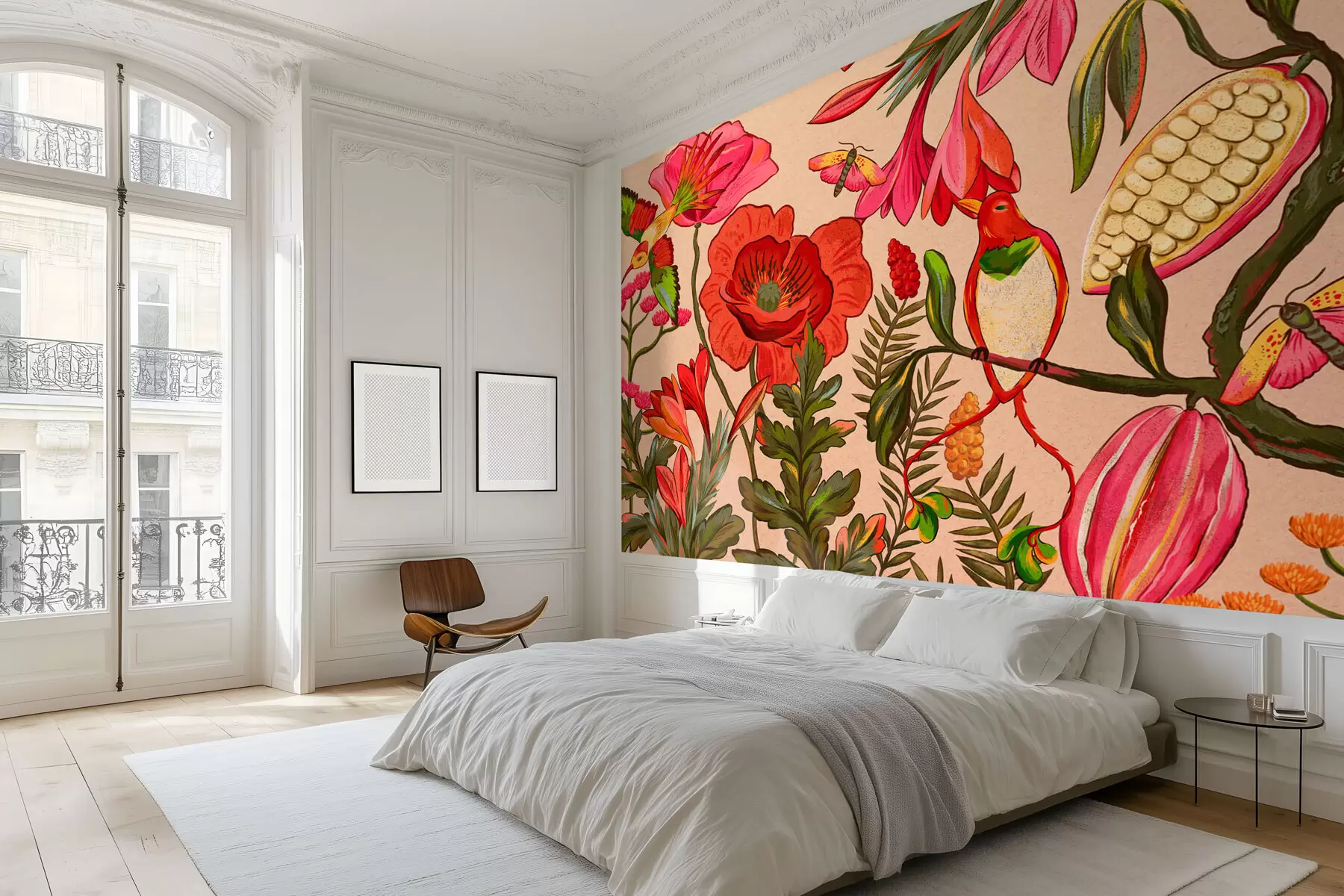 murais de parede Flores e pássaros decorativos sobre fundo bege w05036