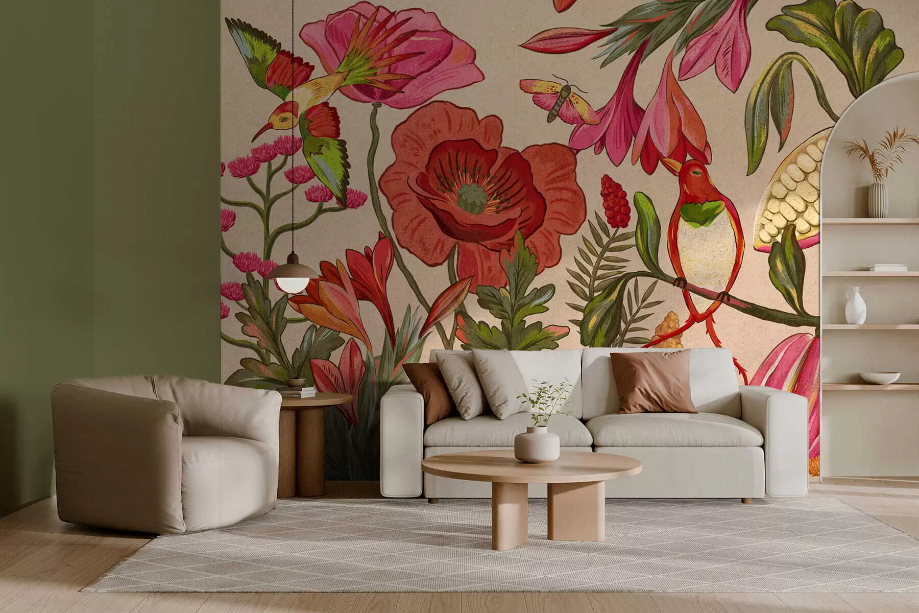 murais de parede Flores e pássaros decorativos sobre fundo bege w05036