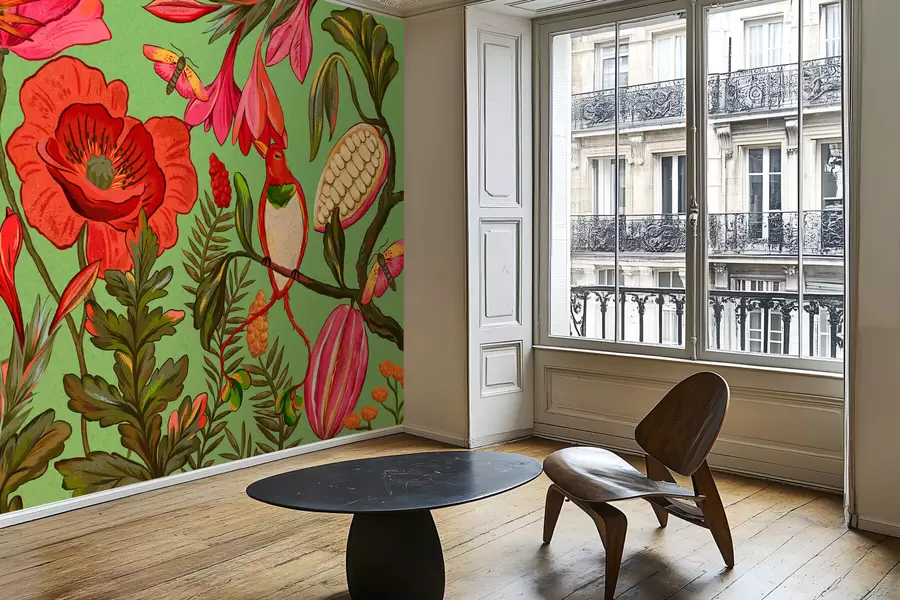 murais de parede Flores decorativas e pássaros sobre fundo verde w05036v1