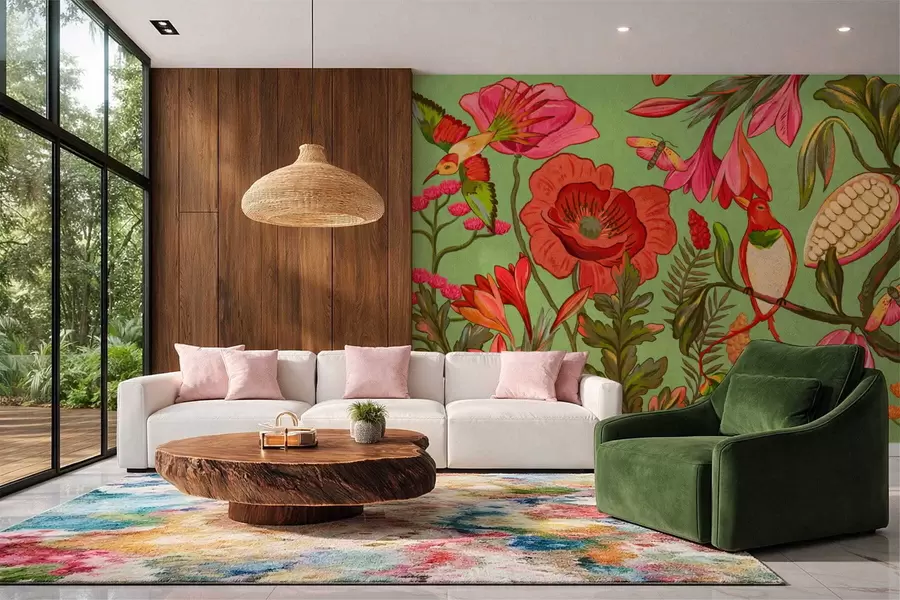 murais de parede Flores decorativas e pássaros sobre fundo verde w05036v1