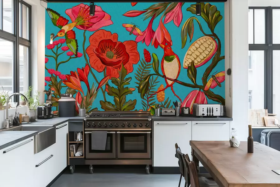 murais de parede Flores decorativas e pássaros sobre fundo azul w05036v3