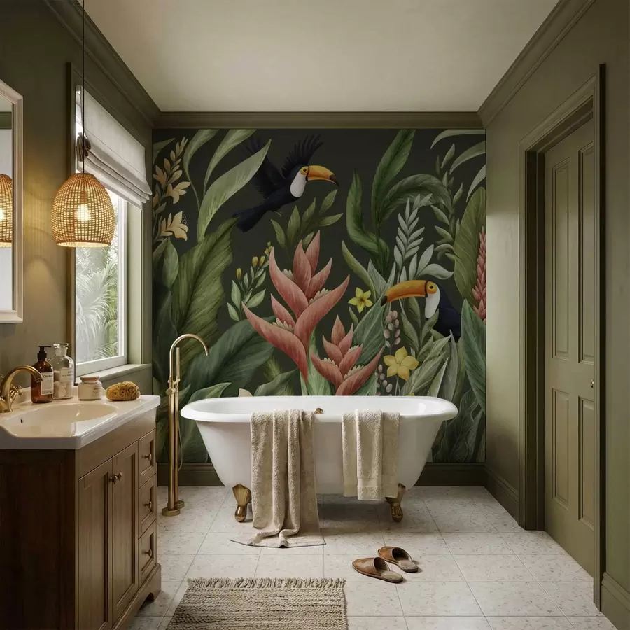 murais de parede Folhagem tropical e aves de bico grande sobre fundo escuro w05088