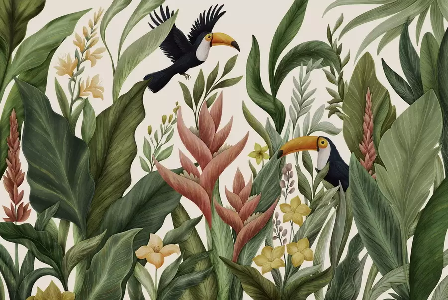 murais de parede Plantas tropicais e aves de bico grande sobre fundo claro w05088v1
