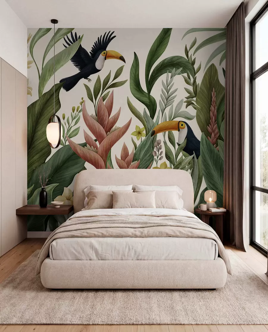 murais de parede Plantas tropicais e aves de bico grande sobre fundo claro w05088v1