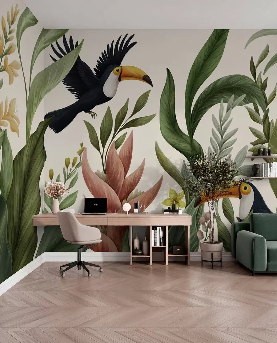 murais de parede Plantas tropicais e aves de bico grande sobre fundo claro w05088v1