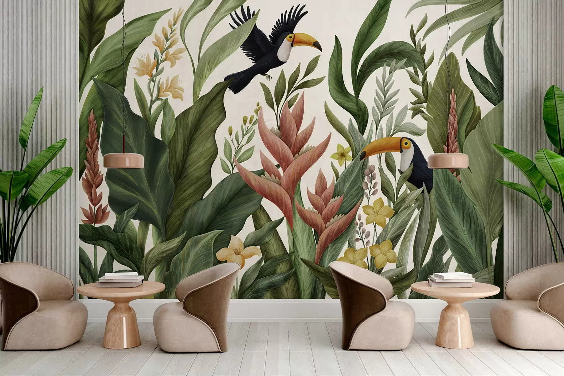 murais de parede Plantas tropicais e aves de bico grande sobre fundo claro w05088v1